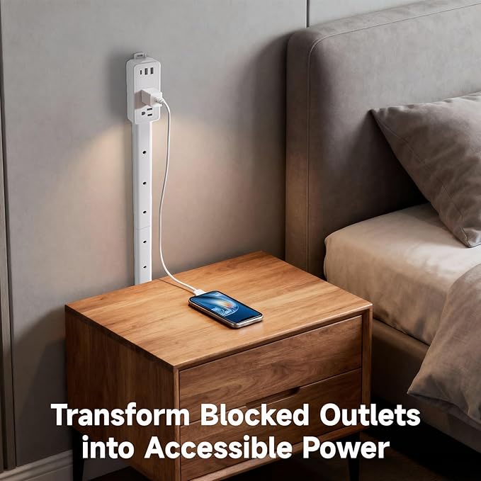 Electrical Outlet Extender Stick - Modular Expandable Power Extender with 2 AC Outlets & 3 USB Ports, for Behind Furniture
