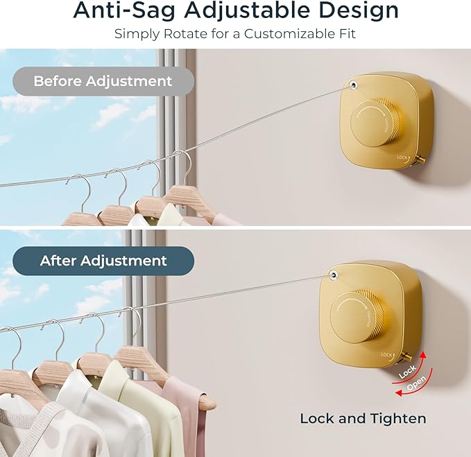 FORIOUS Retractable Clothesline Indoor, 13.8 Ft Non-Sagging Outdoor Clothes Line, Rustproof All Stainless Steel Heavy Duty Clothes Drying Laundry Line, Screw Wall Mounted for Bathroom, Brushed Gold