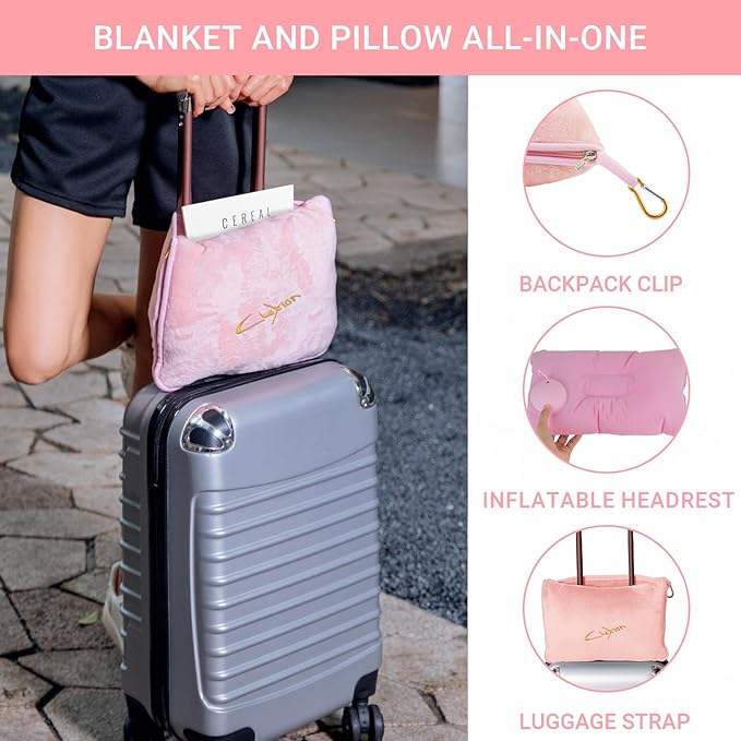 Travel Blanket and Pillow Set, 300 GSM Soft Fleece, 60x43 Inches, 3-in-1 Compact with Bag, Pink