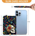 Yonlevres Cat Skull Credit Card Holder Slim Wallet, Floral Goth RFID Wallet Women Front Pocket Small Card Holder, Funny Skeleton Travel Card Case ID Window PU Leather RFID Blocking Card Organizer Gift