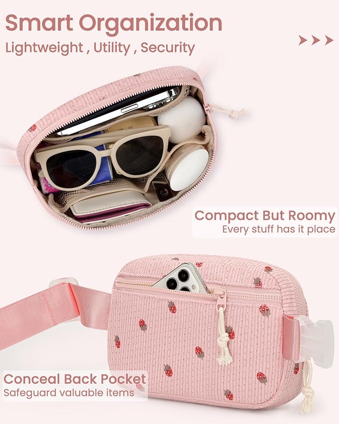 Vankor Corduroy Cute Fanny Packs for Women Cross Body, Everywhere Belt Bag for Women Crossbody Stylish Waist Pack Purse for Travel, Hiking, Workout, Running, Pink Corduroy Strawberry