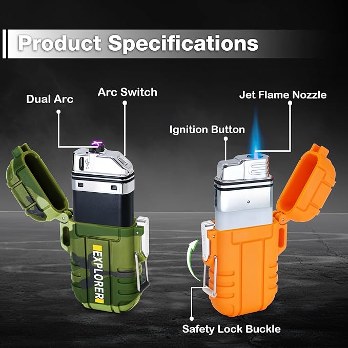Laffizz 2 Pack Waterproof Outdoor Lighter Plasma Windproof Torch Lighters Dual Arc Lighters Electric USB Rechargeable Lighter Flameless EDC Camping Adventure Survival Tactical Gear