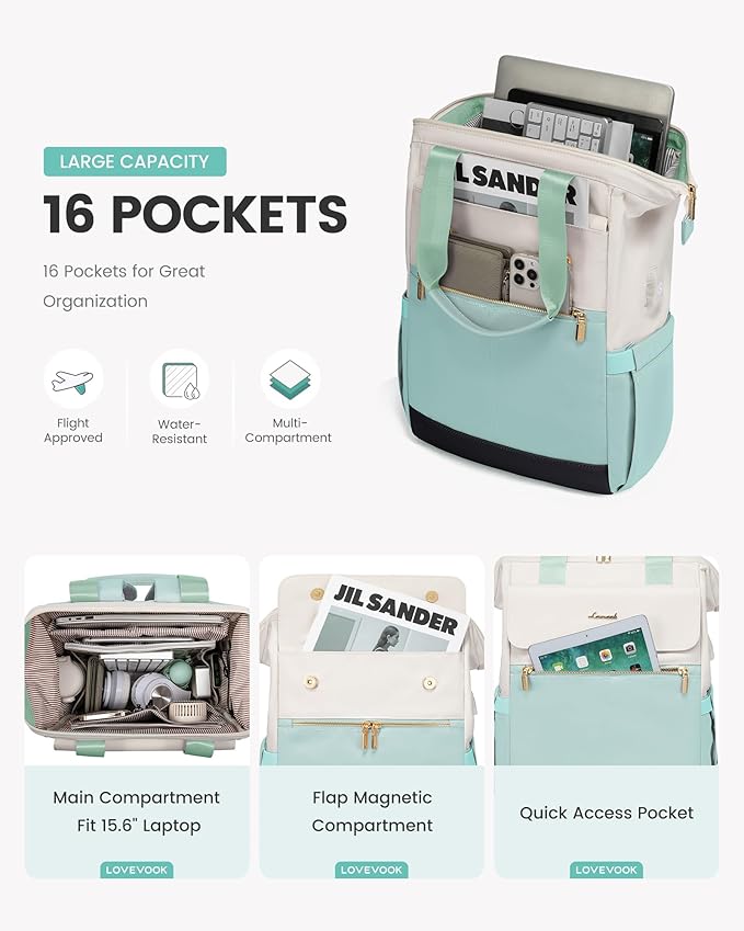 LOVEVOOK Laptop Backpack for Women, 15.6 Inch Work Laptop Bag with USB Port, Fashion Teacher Nurse Backpack Purse, Waterproof Travel Computer Backpack with Organizer Bag, 2PCS, Beige-Mint Green