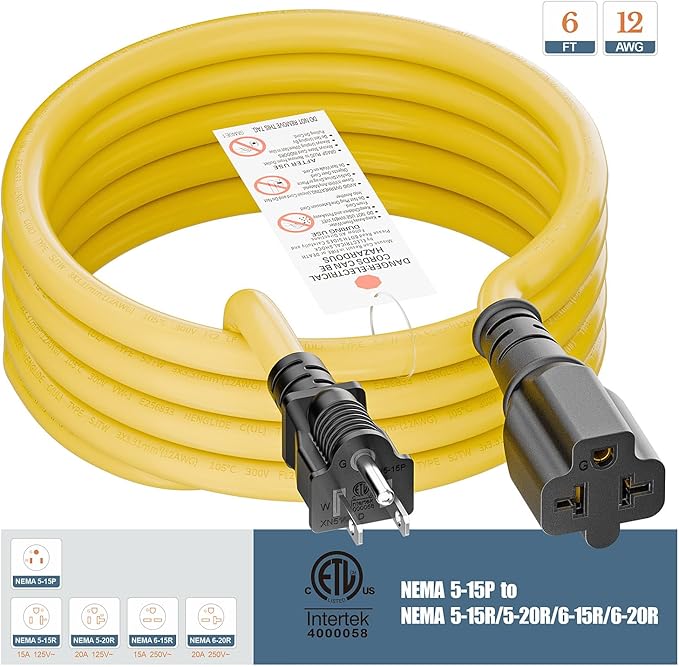 4 in1 NEMA 5-15P Extension Cord, Winxus 6FT NEMA 5-15P to 5-15R, 5-20R, 6-15R, 6-20R Adapter Cord, 15A to 20A AC Adapter Cable, 6FT 3 Prong Extension Cords