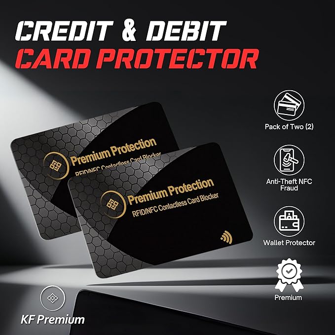 KF-Premium RFID Blocking Card (2 Pack) - Ultra Thin Debit & Credit Card Protector for Travel & Passport - Anti Theft & Fraud Contactless NFC Blocker - Wallet Defender for Men & Women - Gold