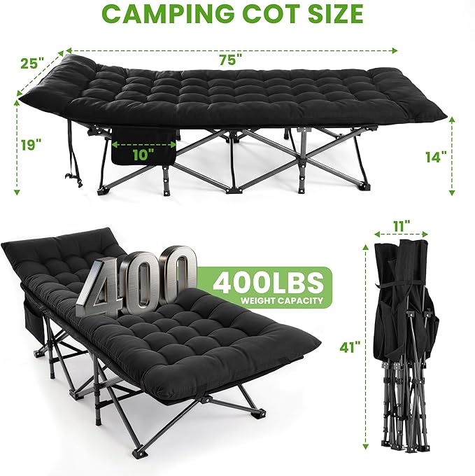 Camping Cot, Folding Camp Cot for Adults, Portable Outdoor Cot with Carry Bag & Mattress, Fast Setup, Lightweight Compact Bed for Travel, Home Office Nap (Black)