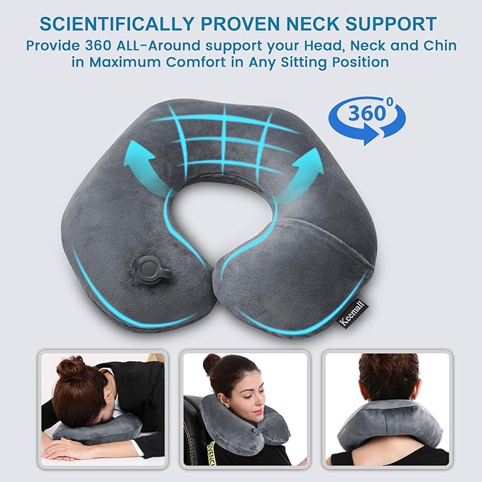 Keemall Inflatable Travel Neck Pillow, Super Soft Plane Neck Support Pillow for Travel Ariplane Sleep Support, Adjustable Neck Cushion Headrest Pillow, Folds Up Nicely, Black Grey