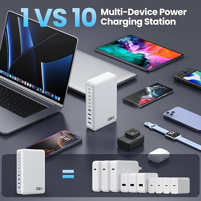 USB C Charger 730W USB C Charger Block,Upgraded GaN V 10-Port Fast Charging Station Hub,3X PD 100W Laptop Charging Adapter Compatible with MacBook Pro/Air,DELL,Steam Deck,iPhone 16/15/14,Galaxy S23