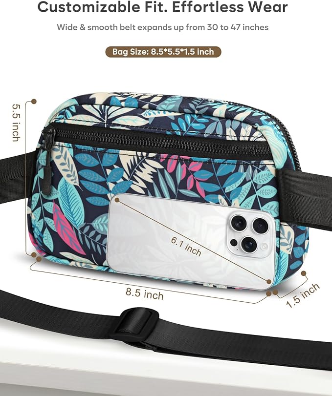 Pritent Fanny Packs for Women Cross Body Bag Waterproof Belt Bag with Adjustable Strap and Zipper Back Pocket Small Crossbody Bags Fashion Waist Packs for Workout Travelling(Tropical Leaf)