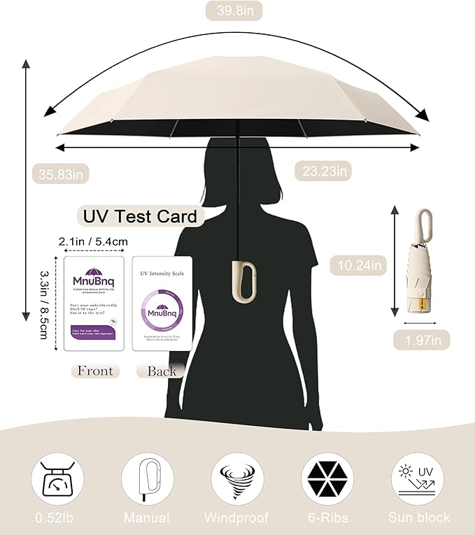 Mini Travel Umbrella with Carabiner Handle UPF 50+ Sun & Rain Protection Portable Manual Open Close Windproof Umbrella Small Compact Portable Parasol for Commuter Kids Women Men