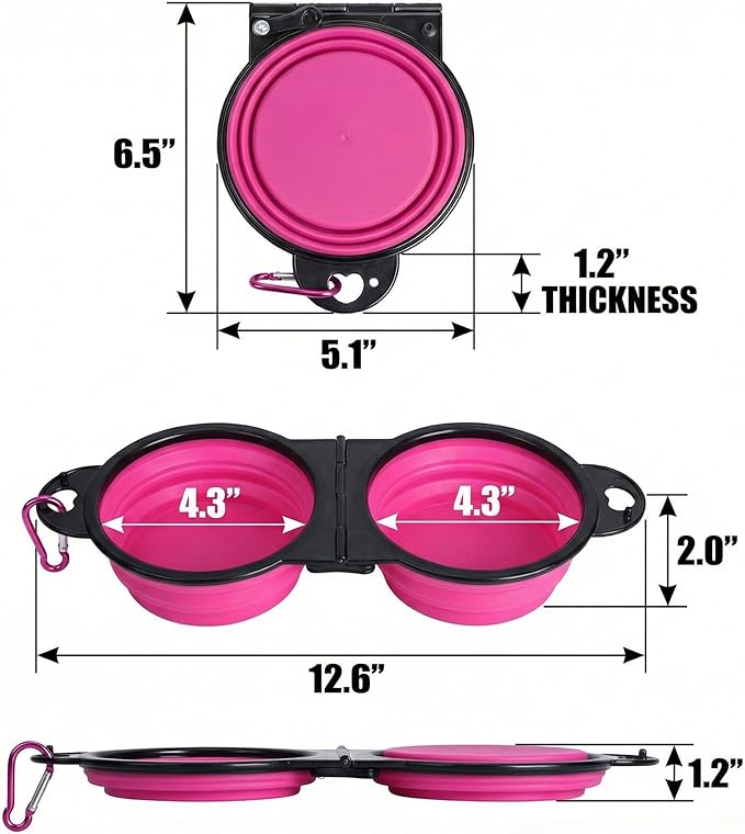 Collapsible Dog Bowls with Carabiner, Double Portable Travel Pet Bowls for Food and Water, Foldable Silicone Dog Bowl for Walking, Hiking, Camping, Small Medium Dogs and Cats，Pink