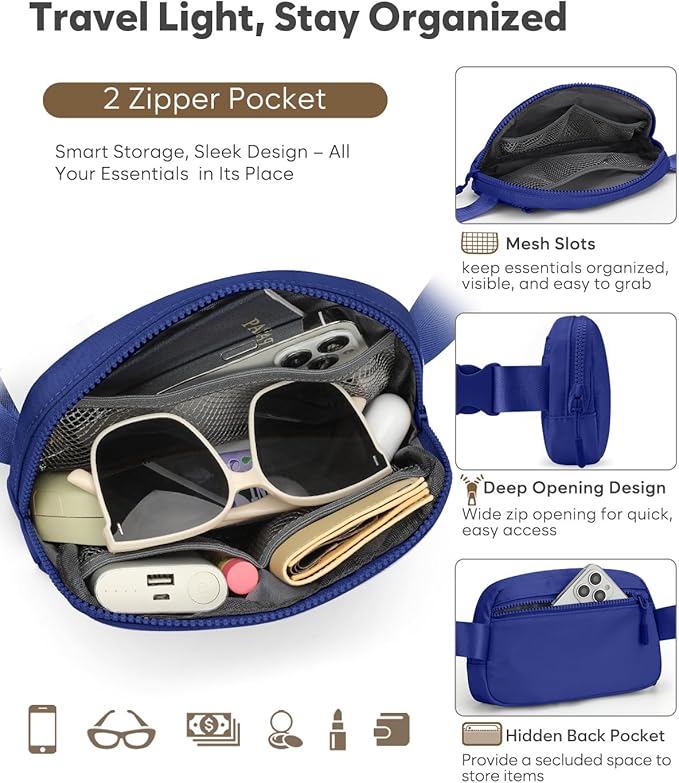 Pritent Fanny Packs for Women Cross Body Bag Waterproof Belt Bag with Adjustable Strap and Zipper Back Pocket Small Crossbody Bags Fashion Waist Packs for Workout Travelling(Blue)