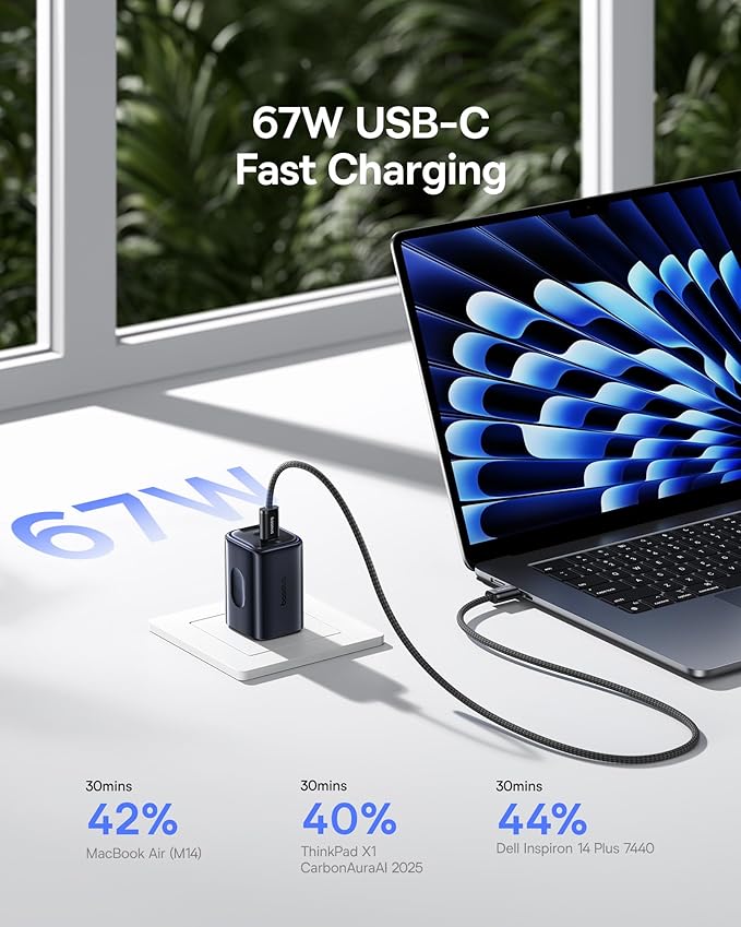 Baseus Portable Charger with Built in Cable, 100W Laptop Power Bank 20000mAh Bundle with PICOGO 67W USB C Charger, Smallest 3 Port Fast Charging Block with Foldable Plug