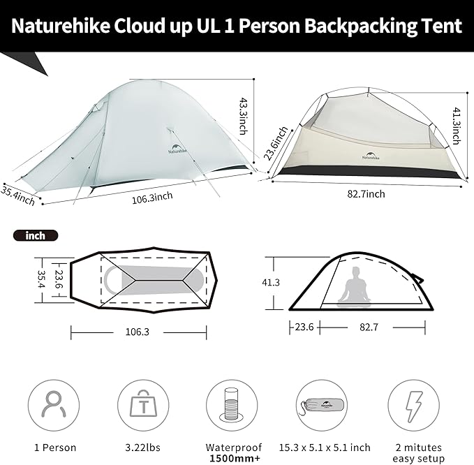 Naturehike Cloud Up Tent, Lightweight Backpacking Tents, Waterproof Ultralight Tent for Camping Hiking Backpacking