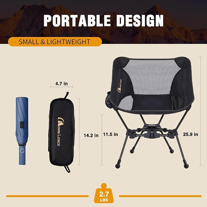 MOON LENCE Portable Camping Chair Backpacking Chair - The 4th Generation Ultralight Folding Chair - Compact, Lightweight Foldable Chairs for Hiking Mountaineering, Beach (Black-1Pack (Glod-Logo))