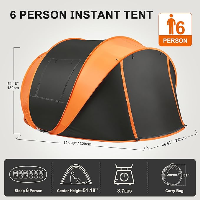 Pop Up Camping Tent, 2/4/6 Person Instant Tent Waterproof PU4500mm, Spacious Ventilated Camping Tent with Front Porch, Quick Setup Lightweight Portable for Outdoor Camping Hiking Beach