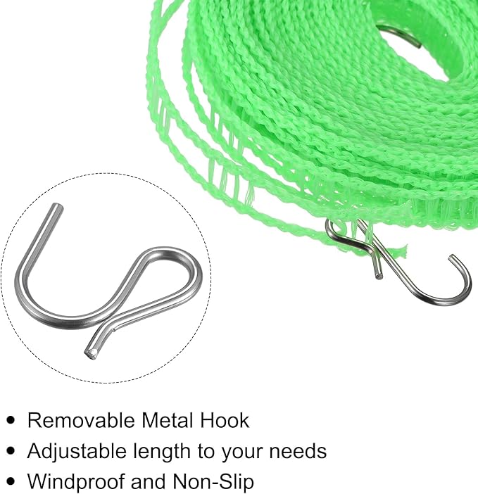 uxcell Portable Clothesline, 26.24ft Nylon Windproof Non-Slip Washing Line Rope for Courtyard Outdoor Travel Camping Laundry Drying, Green