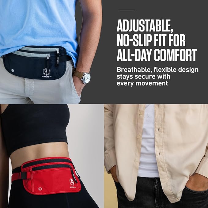 VENTURE 4TH Money Belt for Travel – Slim Hidden Under-Clothes RFID Blocking Anti-Theft Passport Holder & Travel Wallet Pouch for Men & Women to Protect Cash, Cards & Documents (Red)