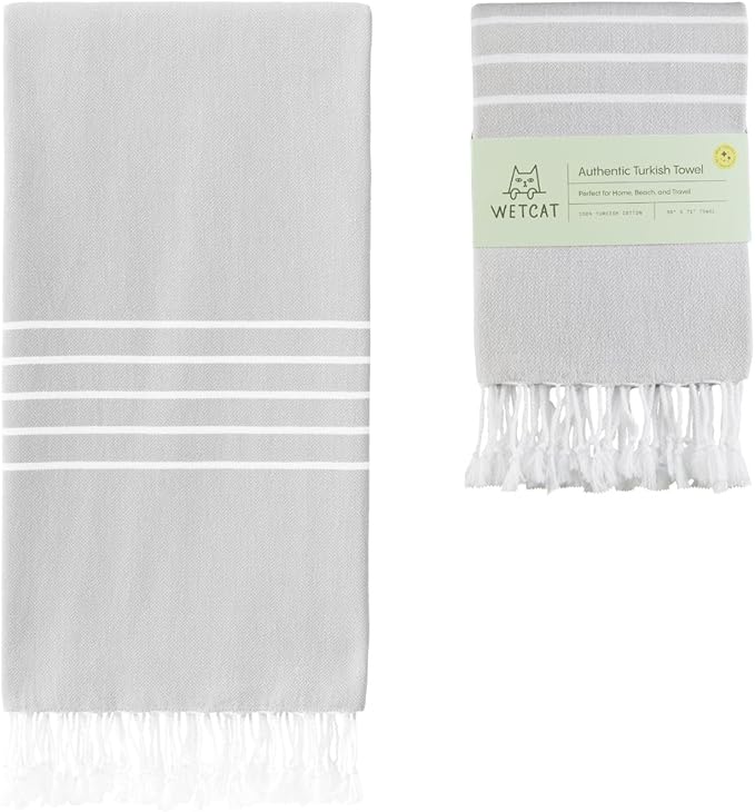 WETCAT Turkish Beach Towel Oversized (38"x71") 100% Turkish Cotton, Made in Turkey - Sand Free, Extra Large, Ultra Soft, Quick Drying, Compact & Lightweight for Travel - Grey