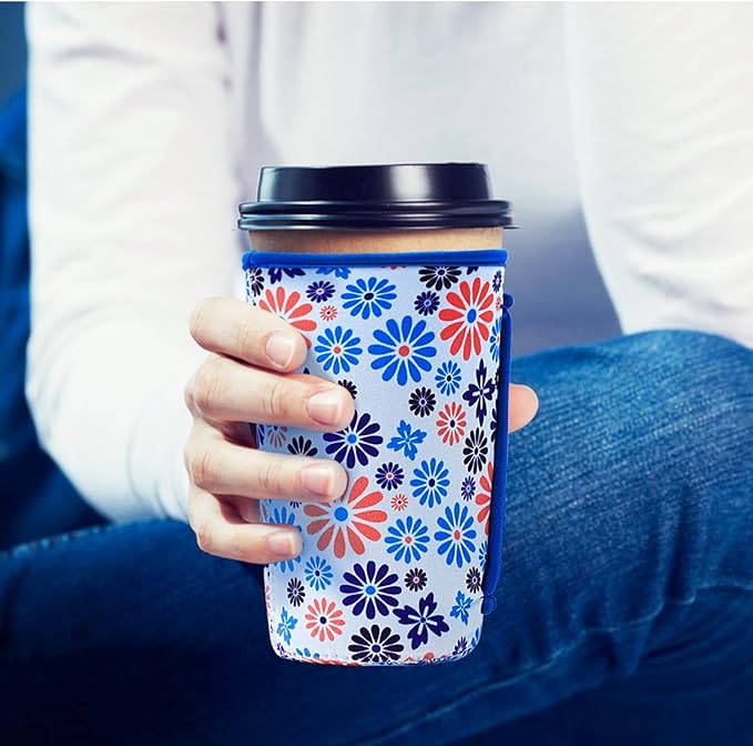 KJQJLY 3 Pack Reusable Iced Coffee Sleeves for Iced Coffee Cups or Drinks Reusable Neoprene Insulated Sleeves for Hot and Cold Drinks from Starbucks, Dunkin, And More (Blue Flower)