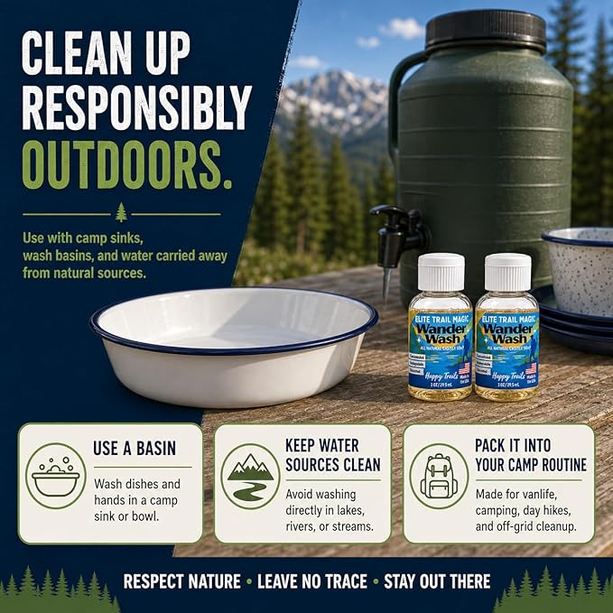 Elite Trail Magic- 2 pack- Made In USA- Wander Wash Biodegradable Castile Soap – Ultralight (2) 1 oz Concentrated Liquid Soap for Camping -Travel & Backpacking – All Purpose, Unscented (2)