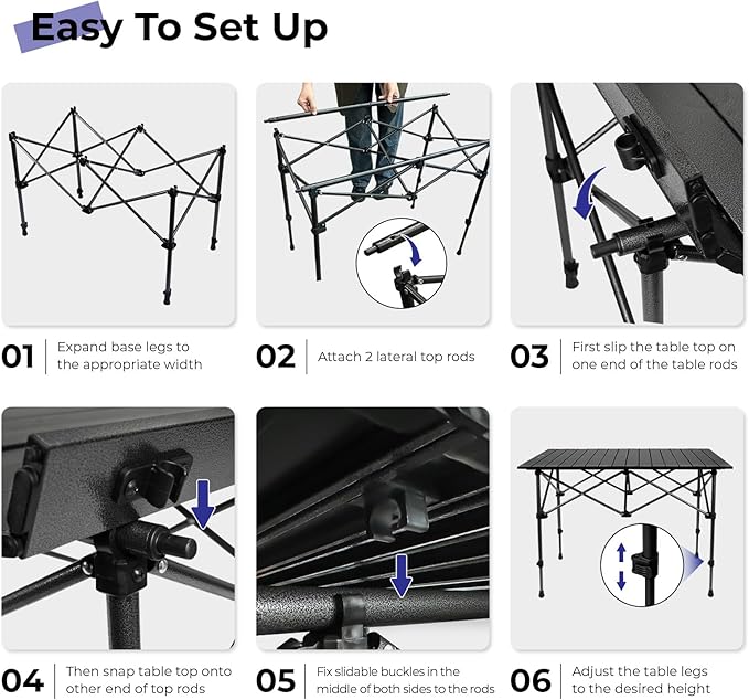 Byliable Camping Table Folding Portable Camp Aluminum Fold Up Lightweight Roll Up Table Adjustable Height with Carry Bag Indoor Outdoor for Camping, Picnic, Backyard, BBQ, Patio, Black