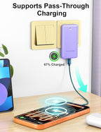 miisso Ultra Slim 10000mAh Power Bank Built-in Cables and Foldable AC Wall Plug, Pocket Size USB C Portable Charger, External Battery Pack Compatible with iPhone Samsung, Purple
