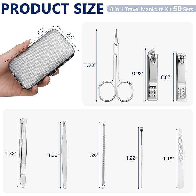Geosar 50 Set 8 in 1 Travel Manicure Kit Bulk Professional Nail Clippers Pedicure Nail Care Tools Grooming Stainless Steel Set with Portable Travel Case, Gift for Valentine Men Women(Sliver)