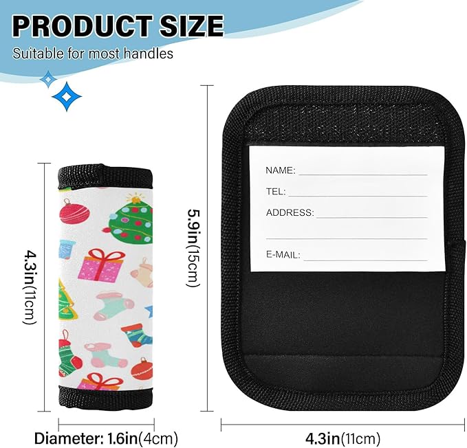 2 Pack Christmas Pattern Luggage Handle Wrap, Detachable Luggage Tag, Neoprene Suitcase Wrap with Comfort Grip & Bright Identifier for Suitcase, Travel Bag, Sports Bag
