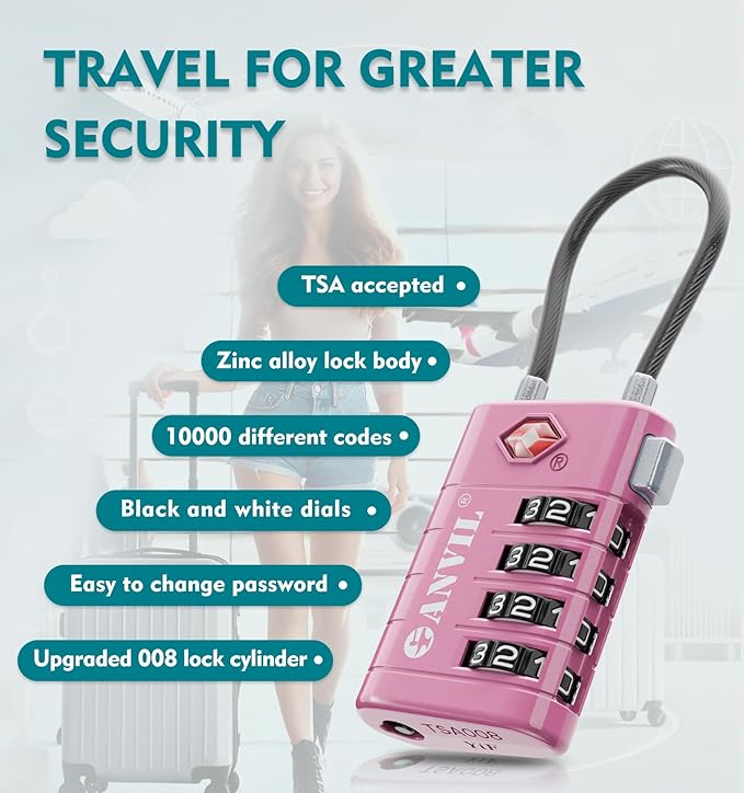 ANVIL TSA Approved Luggage Locks, 4 Digit Combination Travel Suitcase Locks with TSA008 Core and Open Alert Indicator, Zinc Alloy Body. (3, Rose Purple)