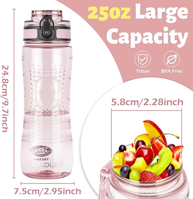 OLDLEY 25 oz Water Bottle, Motivational Water Bottle with Time Marker, Sports Water Bottle With Strap, Leakproof & BPA Free Large Water Bottles for School, Gym, Travel, Outdoor, Transparent Pink