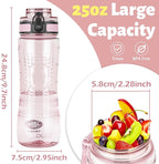 OLDLEY 25 oz Water Bottle, Motivational Water Bottle with Time Marker, Sports Water Bottle With Strap, Leakproof & BPA Free Large Water Bottles for School, Gym, Travel, Outdoor, Transparent Pink