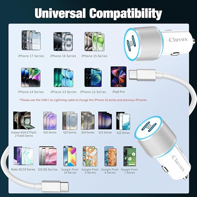 90W Car Charger USB C Fast Charge for iPhone 17 Pro Max/Air/17e/16 Plus/16e/15/iPad/MacBook Neo Phone Automobile Accessories, 2 Pack Dual 45W USBC Port Cigarette Lighter Adapter with 3.3FT Type C Cord