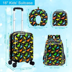 5Pcs Kids Suitcase Set for Boys, 16.5" Hardside Luggage with Spinner Wheels, Dinosaur Travel Carry on Luggage Airline Approved (Black)