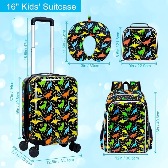 5Pcs Kids Suitcase Set for Boys, 16.5" Hardside Luggage with Spinner Wheels, Dinosaur Travel Carry on Luggage Airline Approved (Black)