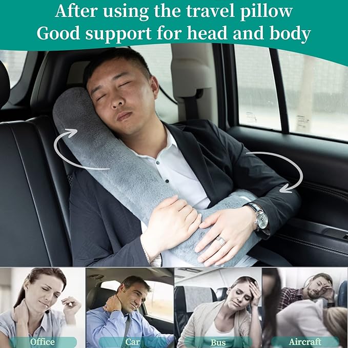 FHSGGP Travel Pillow Upgraded Version of Aircraft Travel Neck Pillow with Storage Bag, Sleep Pillows for Travel by Train, Car, or Plane, Supporting the Head and Body, Travel Pillow for Kids Grey