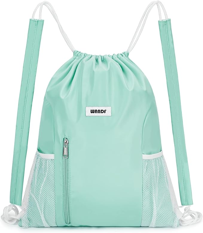WANDF Drawstring Backpack with Shoulder Pad Sports Gym Backpack with Mesh Pocket String Bag for Women Men(Mint green)