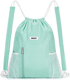 WANDF Drawstring Backpack with Shoulder Pad Sports Gym Backpack with Mesh Pocket String Bag for Women Men(Mint green)