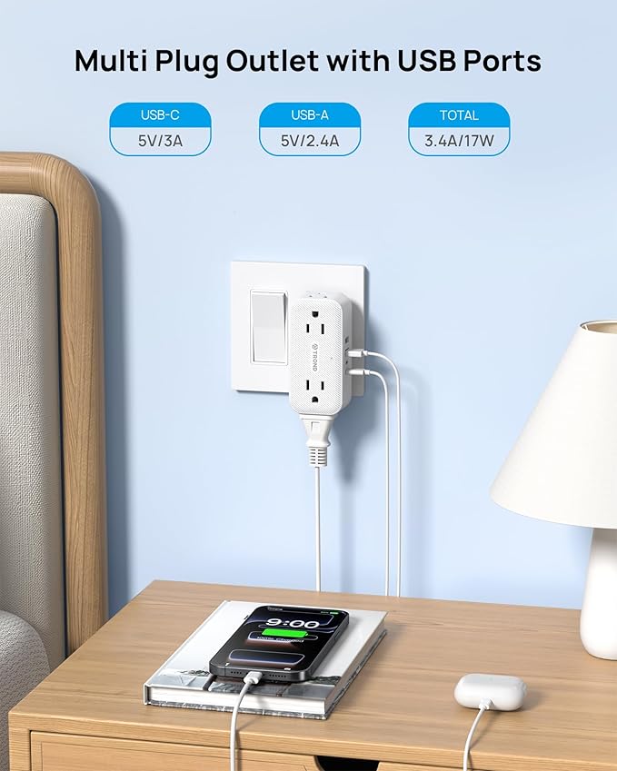 TROND Outlet Extender with 360 Rotating Plug, Plug Adapter with 4 Electrical Sockets and 4 USB Ports, 900 Joules Surge Protection, 3 Way Outlet Splitter for Home Office Travel, White