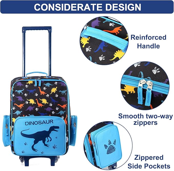 VASCHY Kids Luggage for Boys, Cute Rolling Travel Carry on Suitcase for Toddlers/Children with Wheels 18inch Dinosaur
