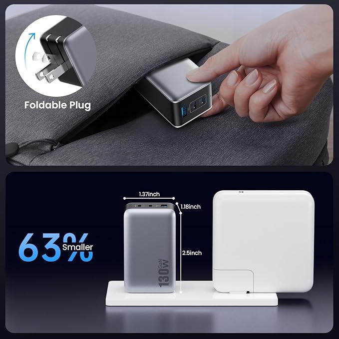 130W USB C Wall Charger,GaN III 3-Port Fast Charging Station,PD QC Foldable Charger Block Portable 65W USB C Laptop Adapter for MacBook Pro/Air,iPad Pro,Galaxy S23,Dell XPS 13,iPhone 17