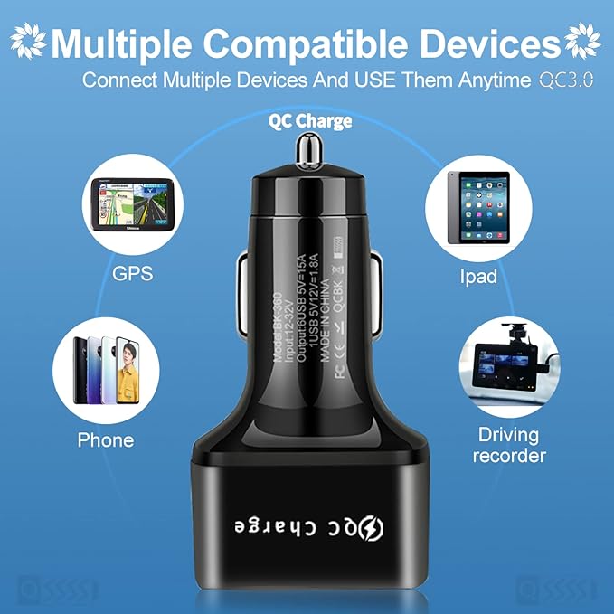Amiss Car Charger Adapter, 6 USB Multi Port, Fast Charger, Include QC 3.0 and 5 Other Ports, Car Interior Accessories, Fit for iPhone 17/16/15/14/13Pro Max, Samsung, Android (Bright Black)