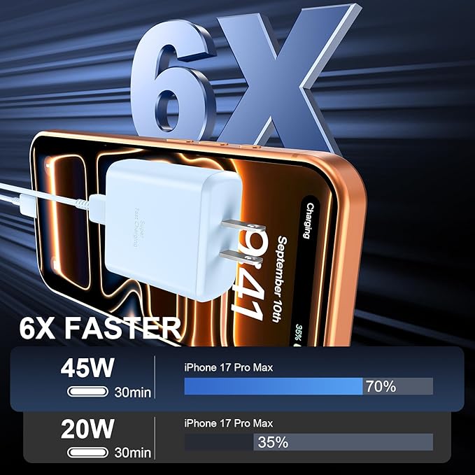 Phone 17 16 Pro Max Charger Fast Charging, 45W USB C Phone 17 16 Super Fast Charger Block with 6.6ft Long Type C Charging Cable Cord for i.Phone 17 Pro Max/17 Pro/17 Air/17/16/16Pro/16 ProMax-Blue