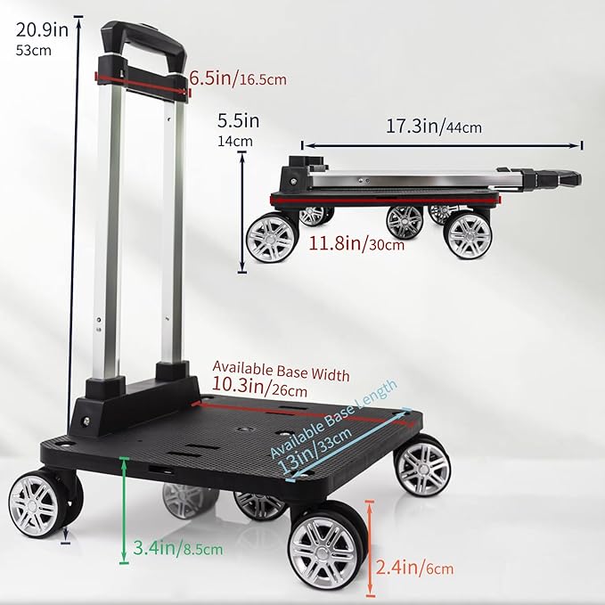Foldable Black Aluminum Backpack Cart with 5 Swivel Wheels, Large Base, Ideal for Large Backpacks, Pet Carriers, Laptop Bags
