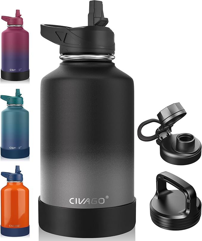 CIVAGO 64 oz Insulated Water Bottle With Straw, Half Gallon Stainless Steel Sports Water Flask Jug with 3 Lids (Straw, Spout and Handle Lid), Large Metal Thermal Cup Mug, Classic Omber Gray