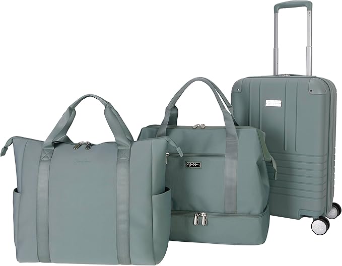 Jessica Simpson Countryside 3-Piece Set (21", Tote & Weekender) Expandable 8-Wheel Spinner Large Checked Luggage Suitcase, Chinois Green