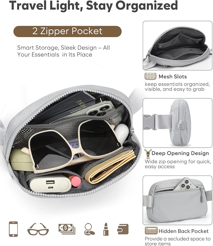 Pritent Fanny Packs for Women Cross Body Bag Waterproof Belt Bag with Adjustable Strap and Zipper Back Pocket Small Crossbody Bags Fashion Waist Packs for Workout Travelling(Light Gray)