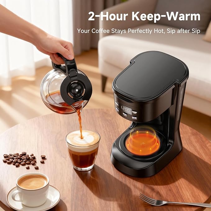 Coffee Maker, 5 Cup Drip Coffee Machine with Glass Carafe, 20 Hours Programmable Timer, 2 Hours Keep Warm, Compatible with Ground&Tea – Portable Small Cafetera for Home, Office, Travel&Camping-Black