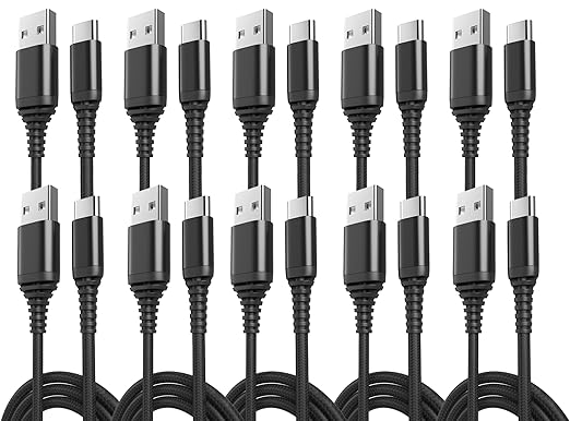 10-Pack USB Type-C Cables [6.6ft | 3A Fast Charge | Braided] – USB-A to USB-C Charger Cord, Compatible with iPhone 15/16/17, Galaxy S25/S24/S23/Z Flip Note20, Pixel 8/7/6, iPad Mini, PS5 – Value Set