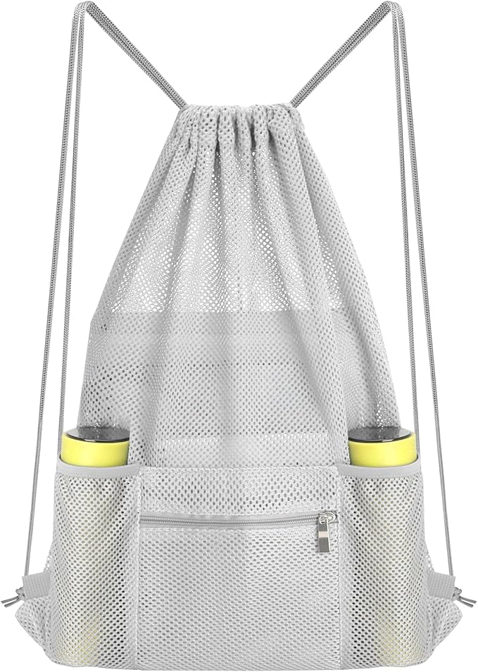 NATURAL STYLE Mesh Drawstring Backpack Bag, Gym Sports Bag with Zipper Pocket Bottle Holder, String Beach Bag for Swiming Travel (Grey)
